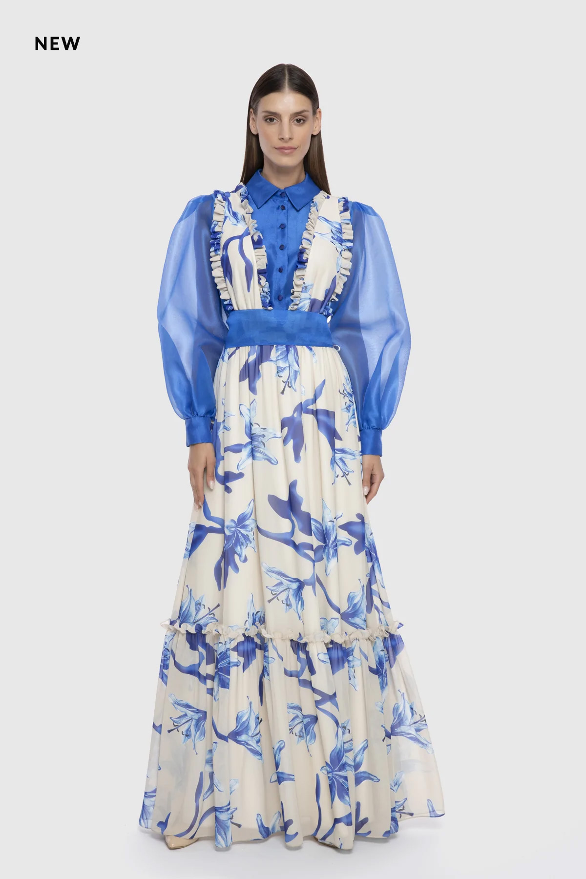 Long blue dress with embroidered details Gizia Casamoda