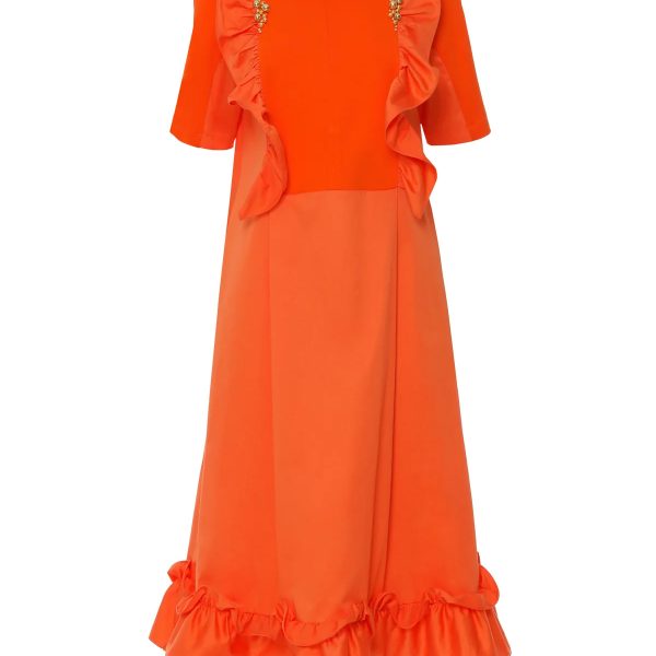 فستان باللون البرتقالي مع كشكش مطرز مع سحاب مخفي