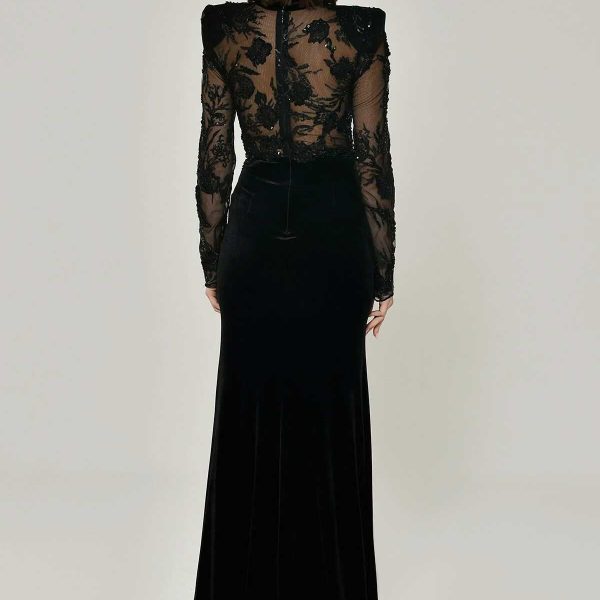 Padded Transparent Top Velvet Slot Long Dress - Image 2