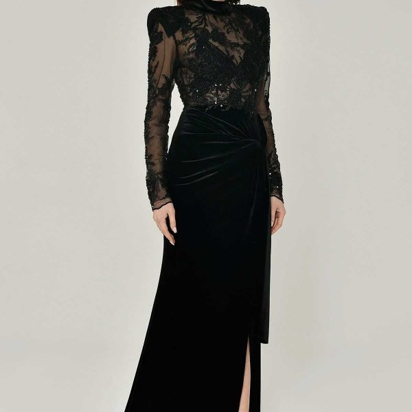 Padded Transparent Top Velvet Slot Long Dress - Image 3