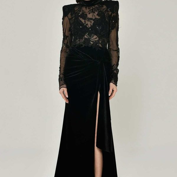 Padded Transparent Top Velvet Slot Long Dress - Image 5