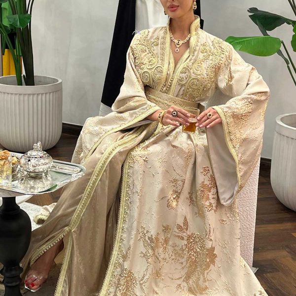 Casamoda Moroccan Caftan in Beige Brocard and Crepe Silk Emroidered - Image 2