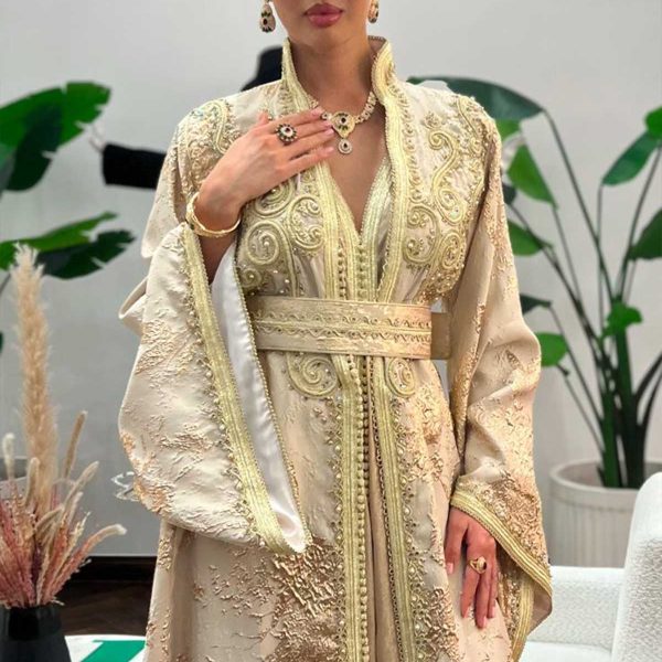 Casamoda Moroccan Caftan in Beige Brocard and Crepe Silk Emroidered - Image 4