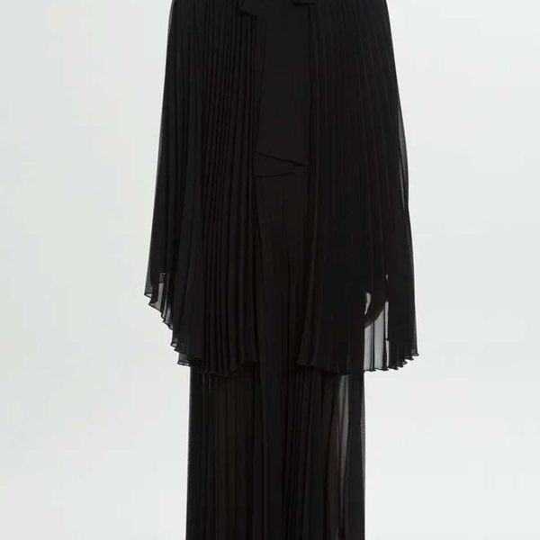 Black Pleated Dress with Cape Detail - Image 2