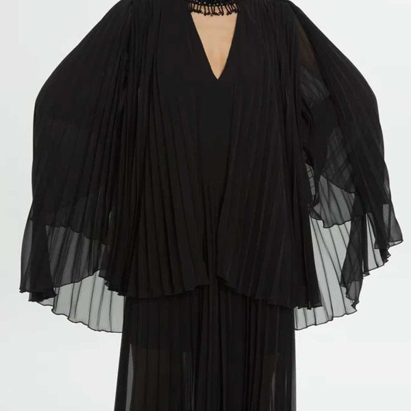 Black Pleated Dress with Cape Detail - Image 4