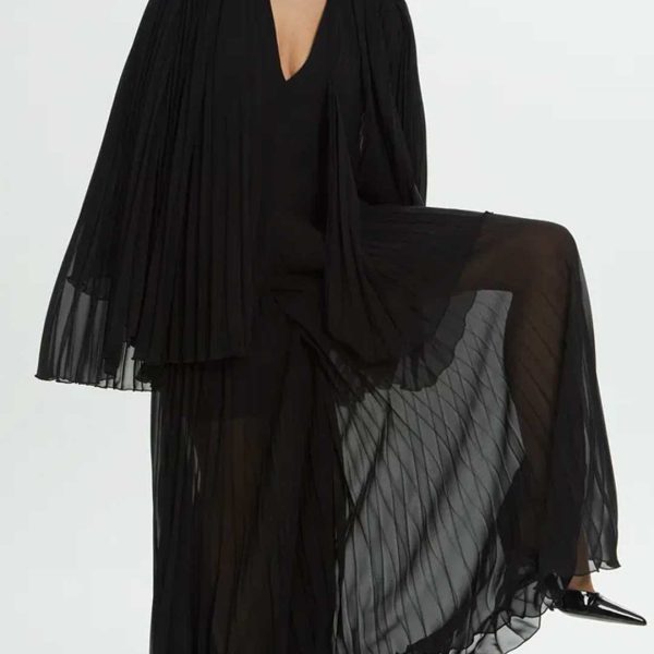 Black Pleated Dress with Cape Detail - Image 5