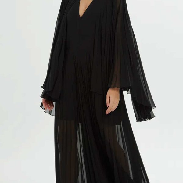 Black Pleated Dress with Cape Detail - Image 6