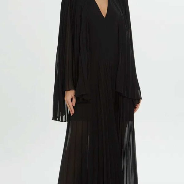 Black Pleated Dress with Cape Detail - Image 7