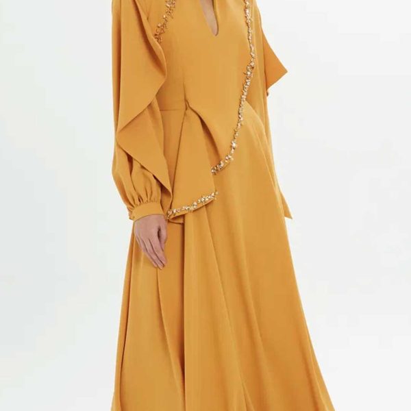 Yellow Dress with Front Slit and Elegant Stone Embellishments - Image 3