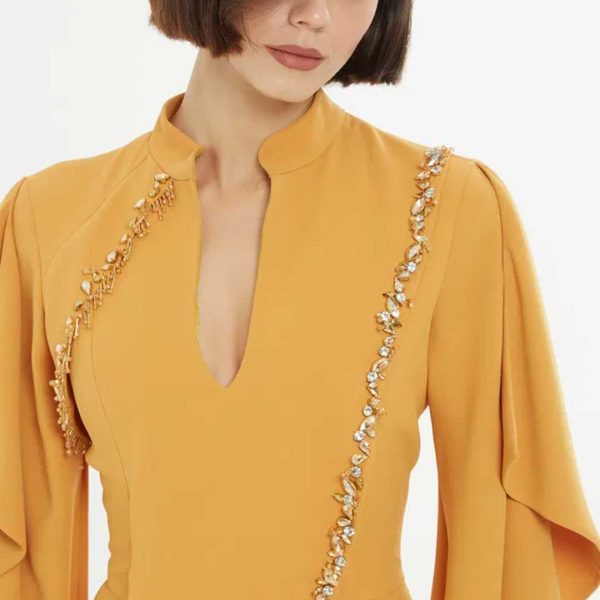 Yellow Dress with Front Slit and Elegant Stone Embellishments - Image 4