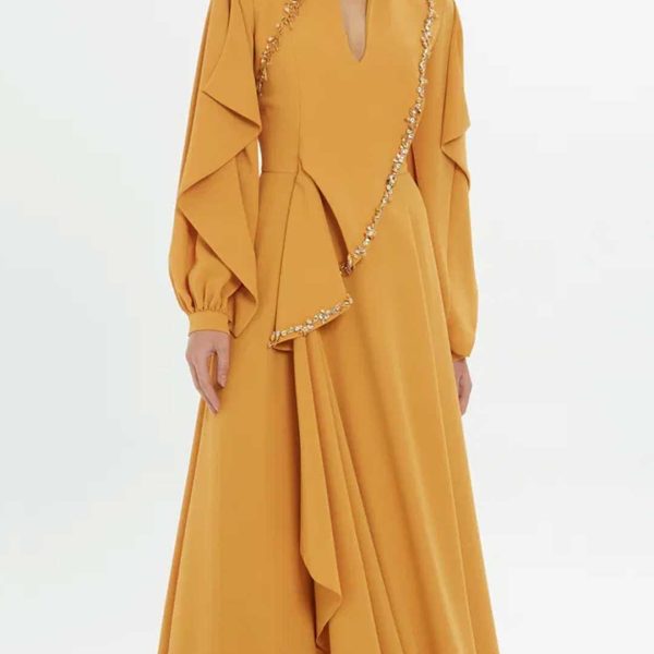 Yellow Dress with Front Slit and Elegant Stone Embellishments - Image 6