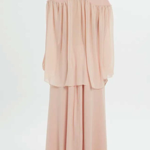 Elegant Long Pink Dress with a Shirt Collar and Stone-Embellished Bodice - Image 2