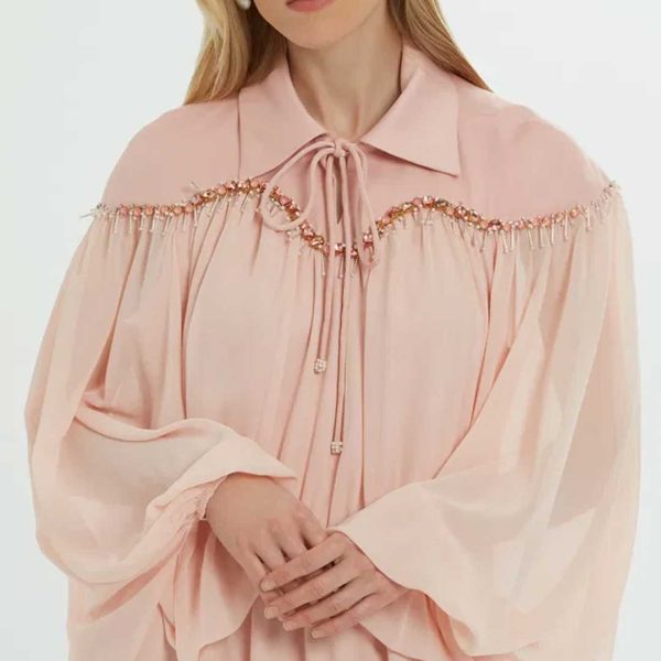 Elegant Long Pink Dress with a Shirt Collar and Stone-Embellished Bodice - Image 3