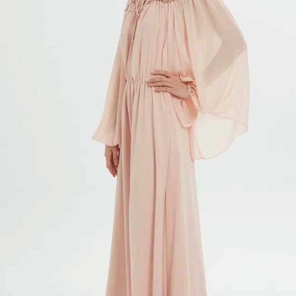 Elegant Long Pink Dress with a Shirt Collar and Stone-Embellished Bodice - Image 4