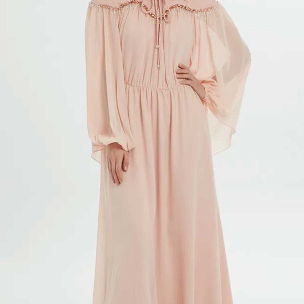 Elegant Long Pink Dress with a Shirt Collar and Stone-Embellished Bodice - Image 5