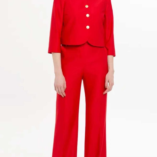 Elegant Red Three-Piece Set featuring a Short Jacket, Tank Top, and Wide-Leg Pants - Image 3