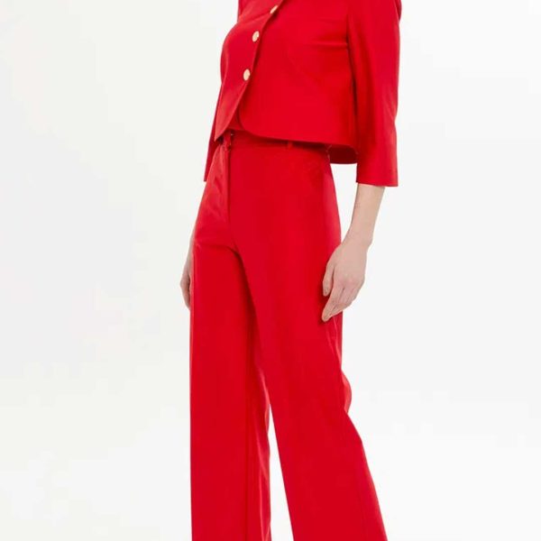 Elegant Red Three-Piece Set featuring a Short Jacket, Tank Top, and Wide-Leg Pants - Image 5