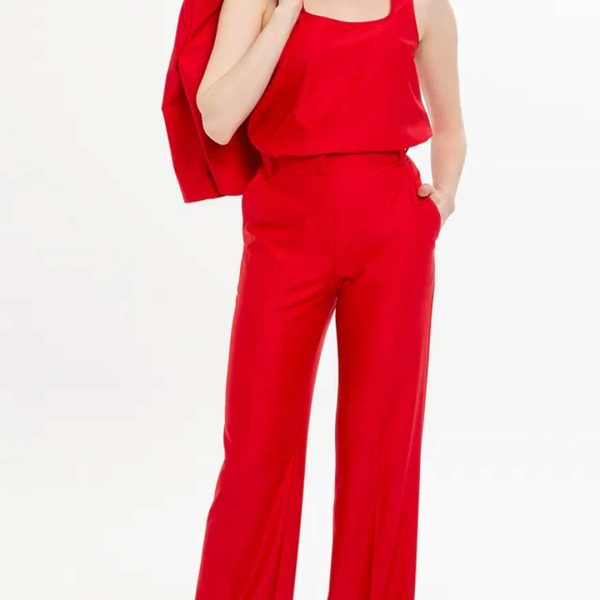 Elegant Red Three-Piece Set featuring a Short Jacket, Tank Top, and Wide-Leg Pants - Image 6