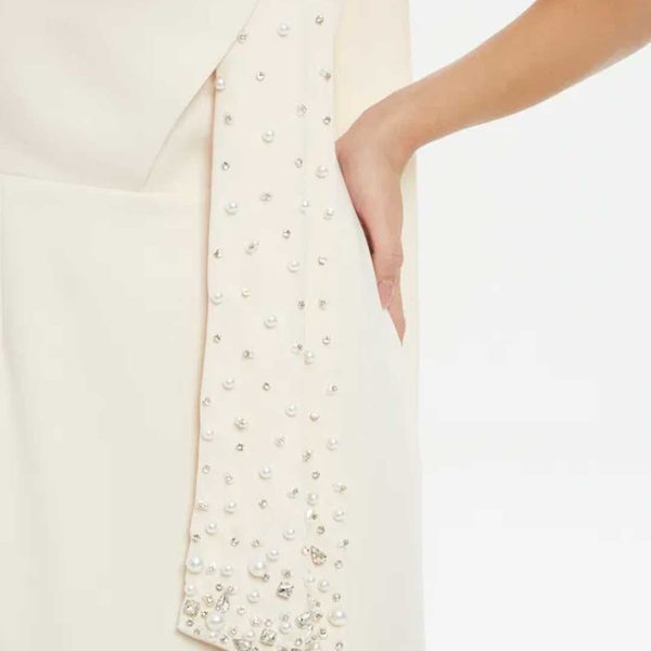 Long Beige Dress with Side Slit and Stone Embroidery - Image 3