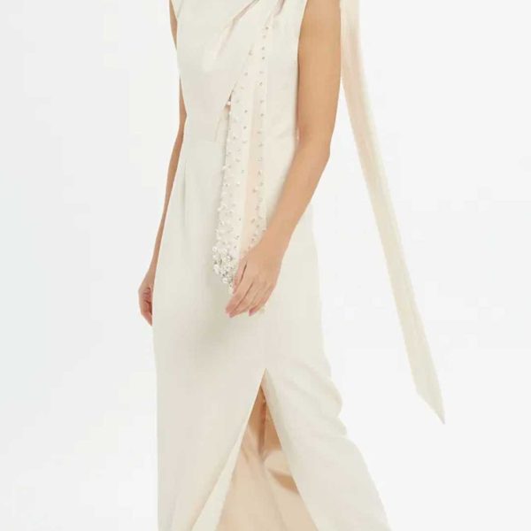 Long Beige Dress with Side Slit and Stone Embroidery - Image 6