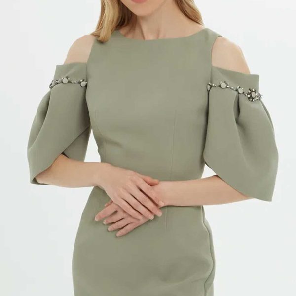 Long Green Dress with Shoulder Cutout - Image 3