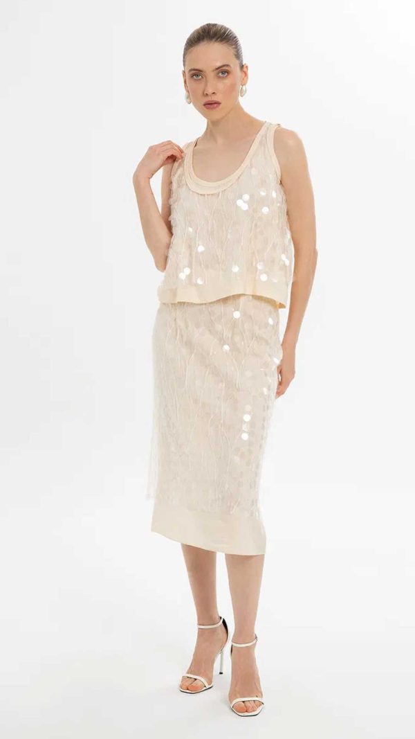 Sleeveless Ecru Blouse with Sequin Detailing