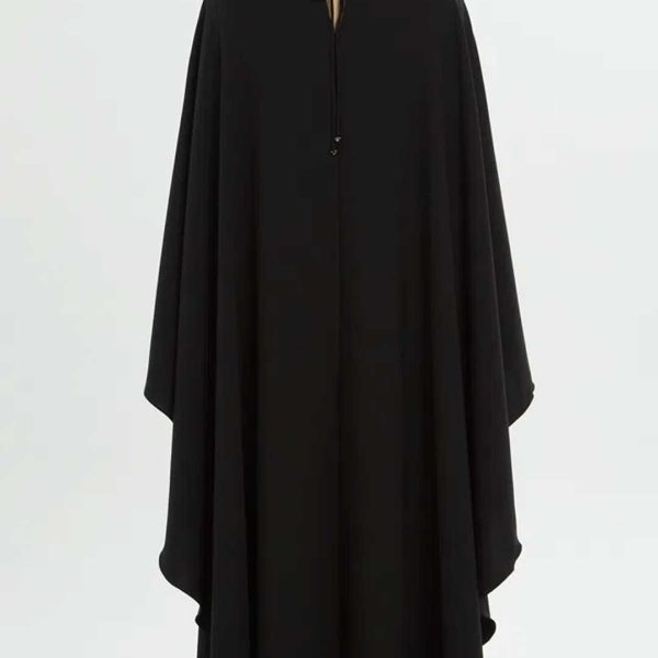 Sophisticated Long Black Dress with Stone-Embroidered Cape Detail - Image 2