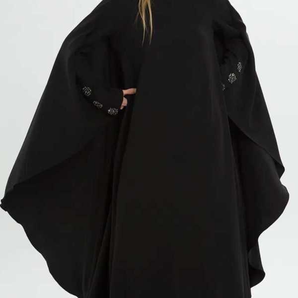 Sophisticated Long Black Dress with Stone-Embroidered Cape Detail - Image 4