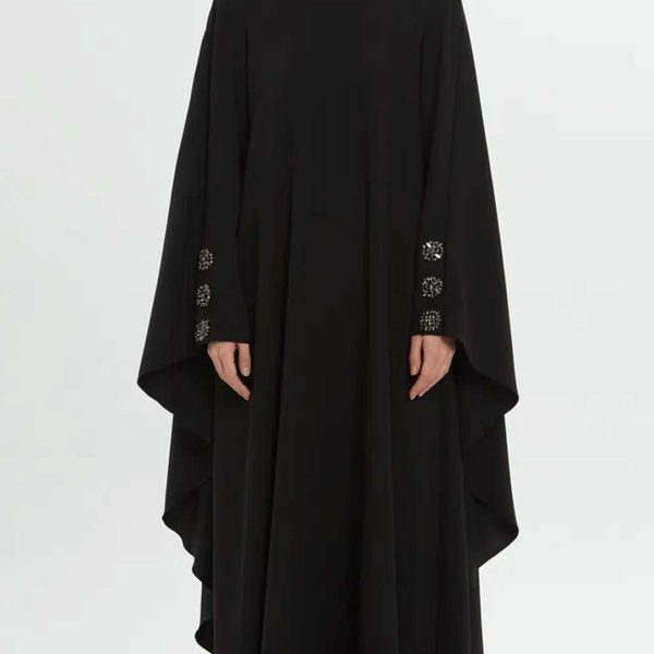 Sophisticated Long Black Dress with Stone-Embroidered Cape Detail - Image 5