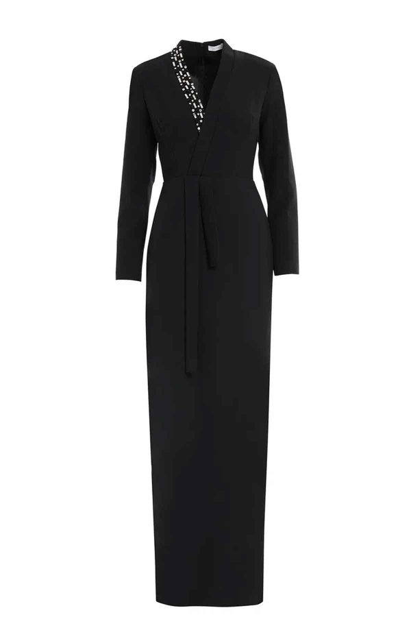 Black Long Sleeve Dress with V-Neckline and Intricate Embroidery