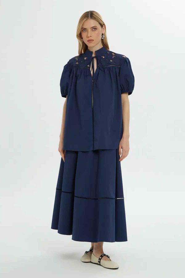 Classic Blue Poplin Shirt with Stand-Up Collar