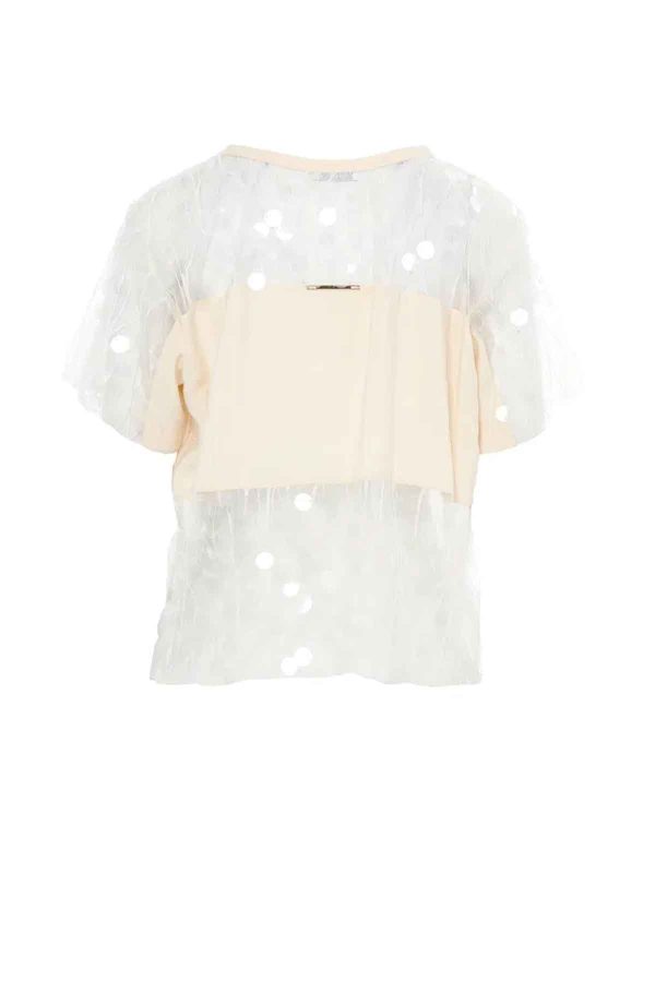 Elegant Beige Blouse with Embroidered and Sequined Sheer Details