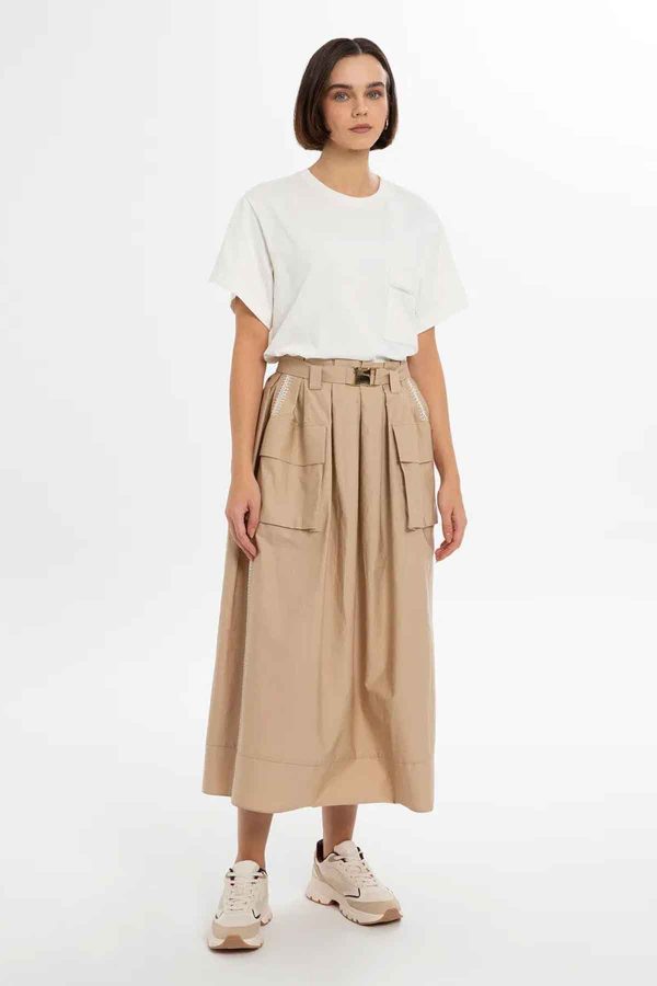 Elegant Beige Pleated Midi Skirt