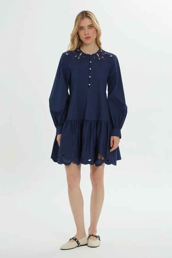 Elegant Blue Mini Dress with Pearl Button Details