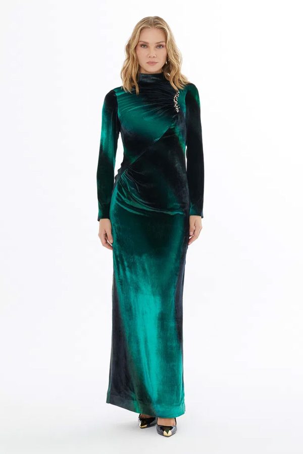 High-Neck Dress with Front Ruching and Beaded Details