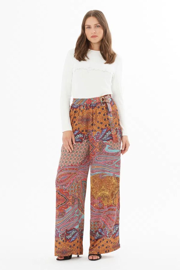 Tailored Patterned Trousers with Decorative Accessory