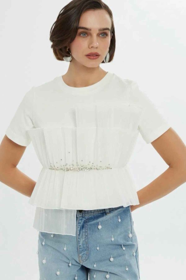 White Pleated Layered Blouse with Sparkling Pearl Waist Detail