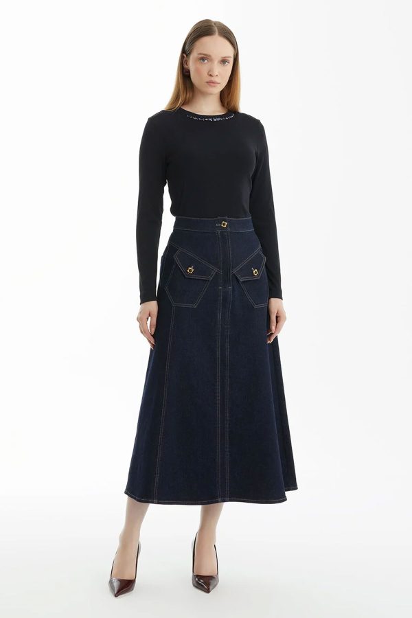 A-Line Dark Blue Denim Skirt with Accent Pocket Buttons