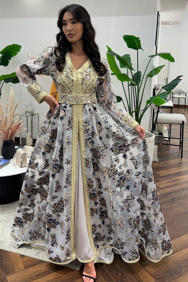 A luxurious Moroccan caftan in floral silk organza