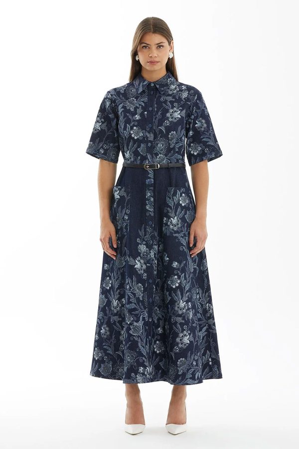 Belted Maxi Denim Dress with Pattern Detail