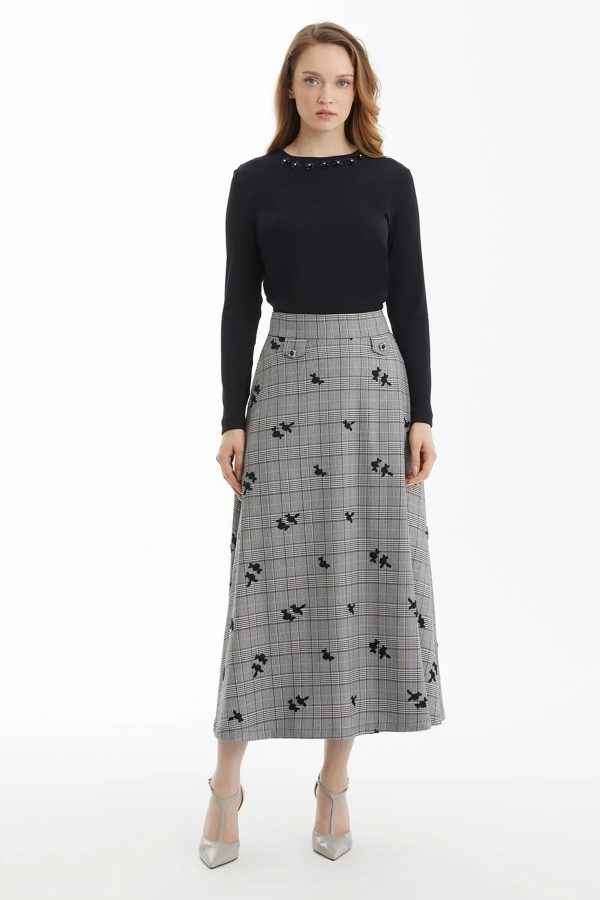Black Check Skirt with Floral Embroidery