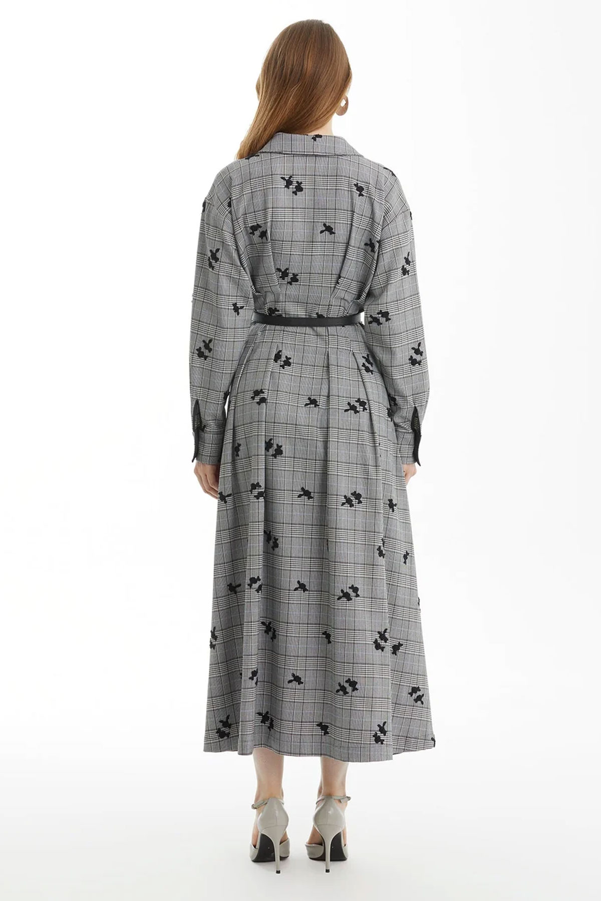 Black Plaid Dress with Floral Embroidery - Image 2