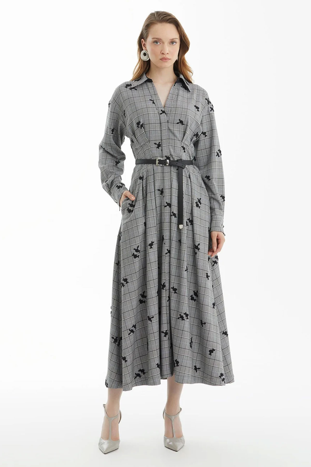 Black Plaid Dress with Floral Embroidery - Image 3