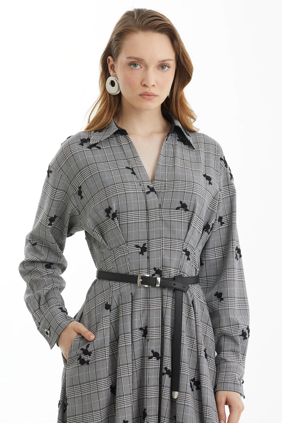 Black Plaid Dress with Floral Embroidery - Image 4