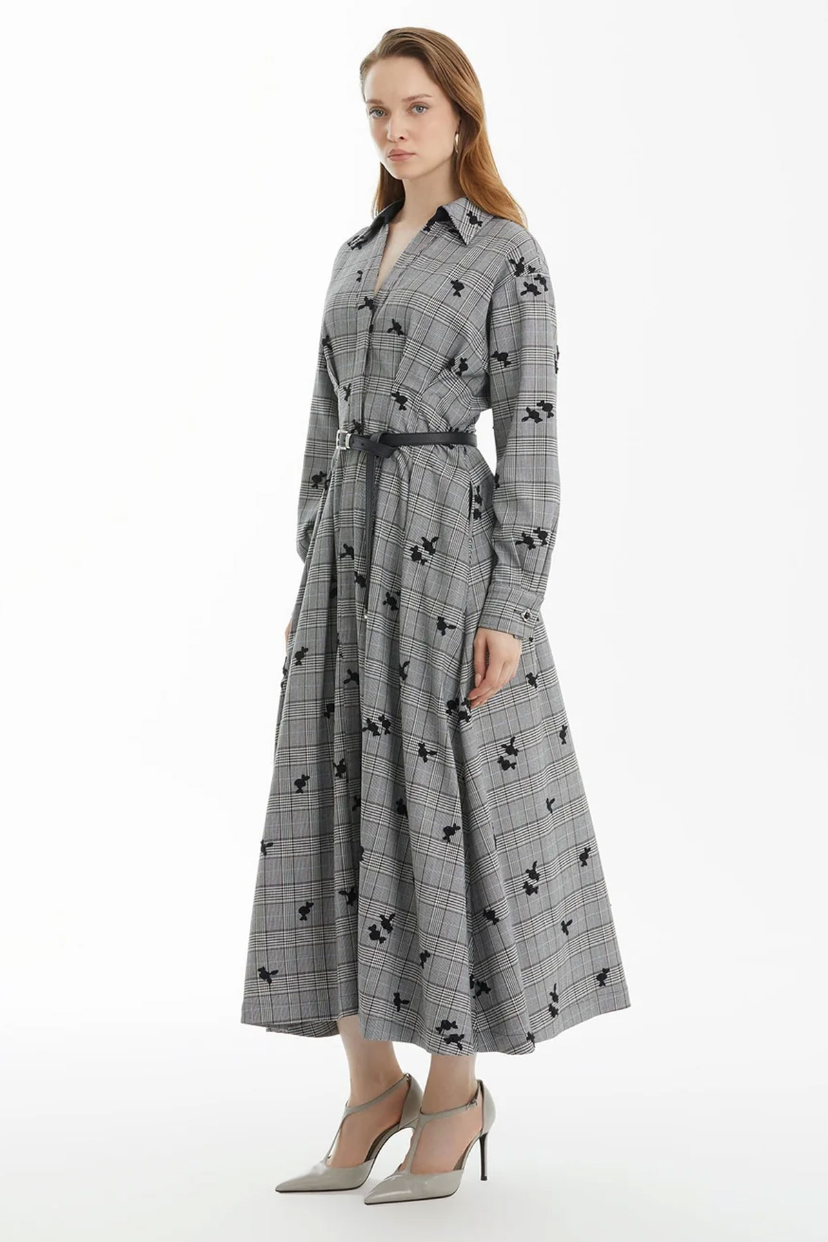 Black Plaid Dress with Floral Embroidery