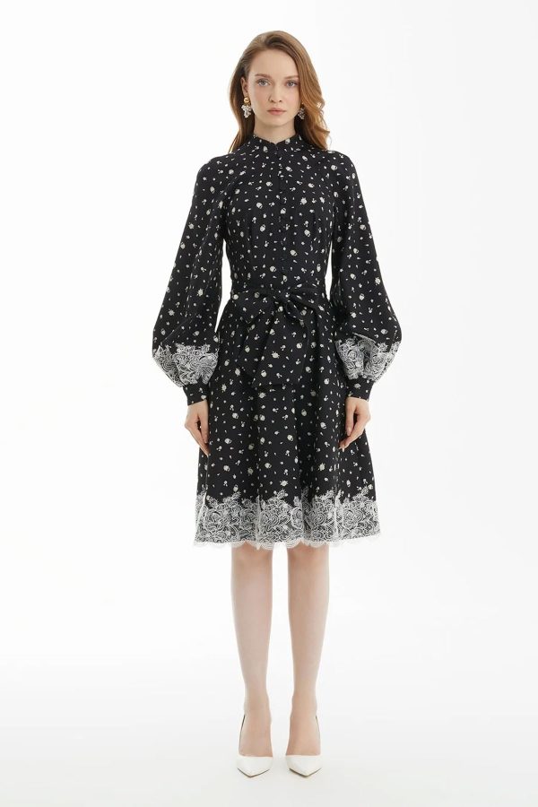 Black Lace-Trim Puff-Sleeve Dress