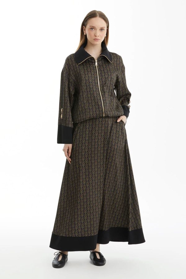 Black Printed Skirt Set Accented with Stylish Accessory
