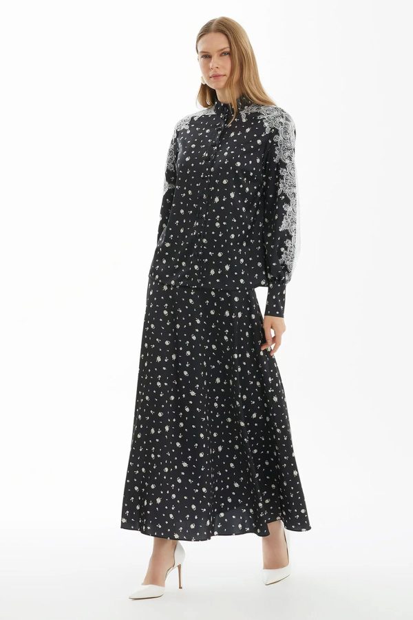 Black Skirt Set Accented with Delicate Lace Trim