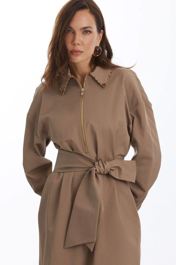 Chic Brown Belted Dress with Fine Embroidery for an Elegant Look