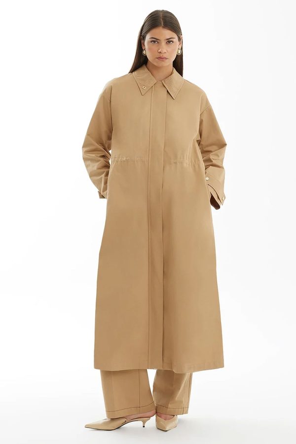 Stylish Brown Trench Coat Featuring Intricate Textured Embroidery